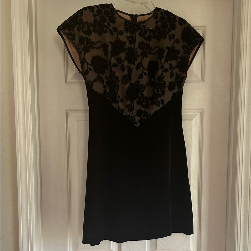 Elegant Black Floral Midi Dress bottom half is velvet